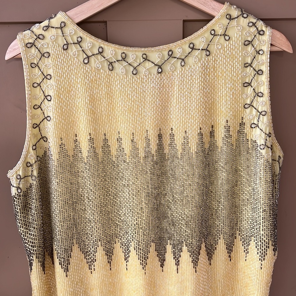 Beautiful Vintage Serenade Fully Beaded Tank Blouse Yellow & Silver sz 14 - Picture 7 of 11